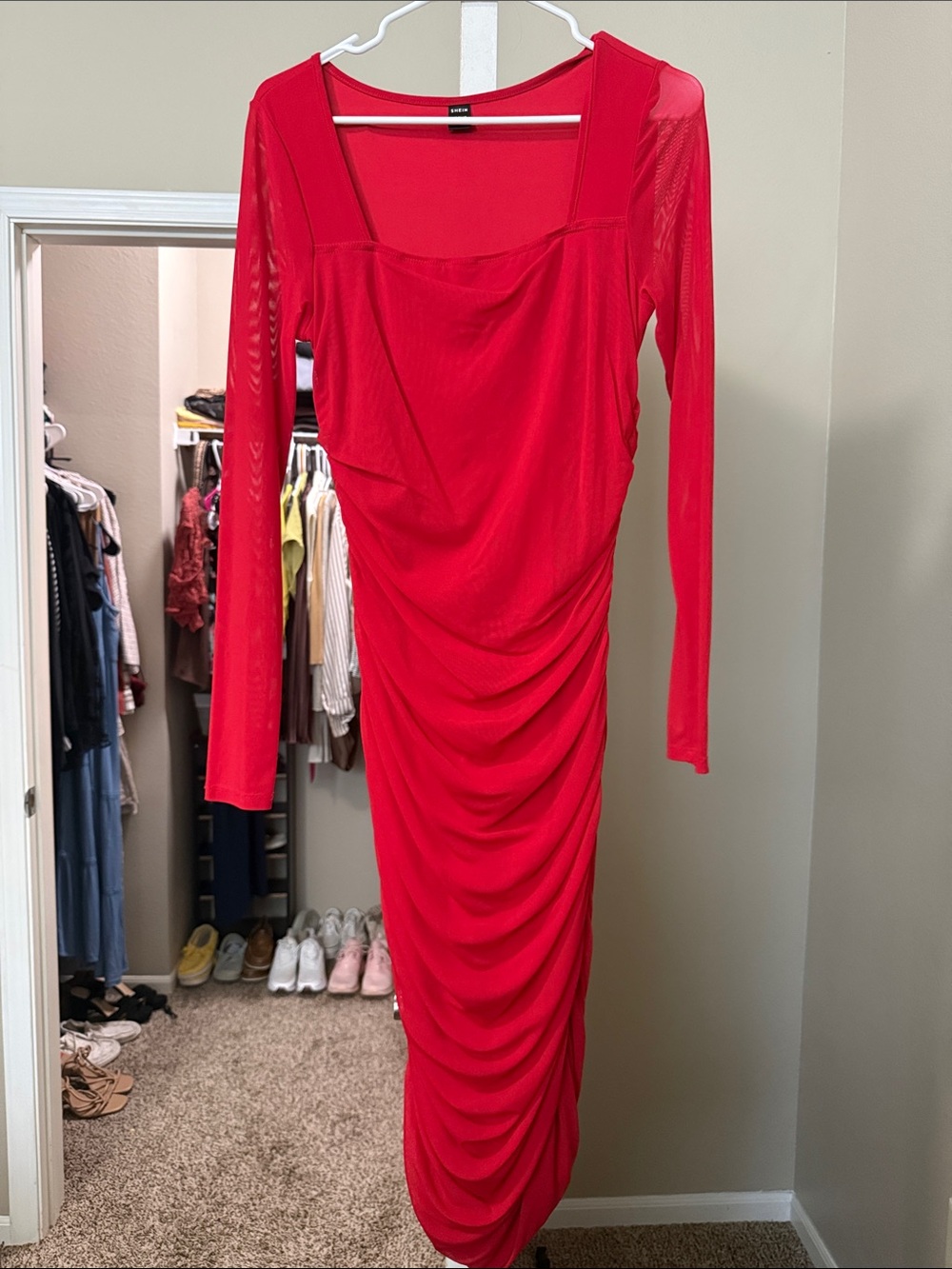SHEIN Red Long Sleeve Ruched Midi Dress